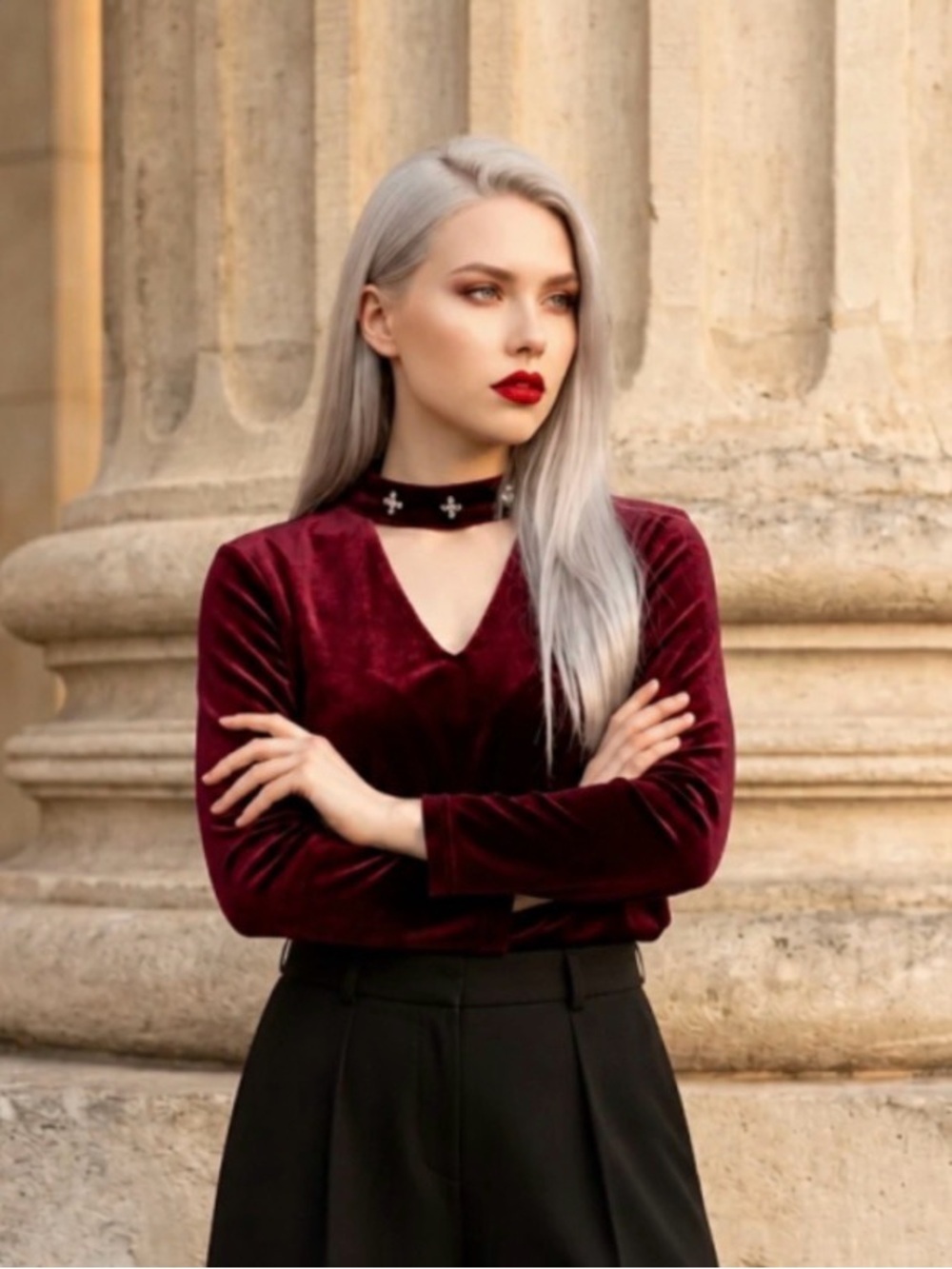 Lord & Taylor Velvet Blouse Burgundy Silver Size L